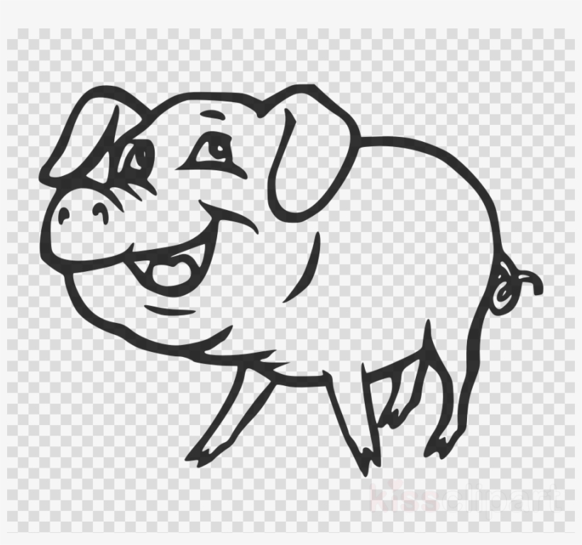 Cheerful cartoon pig with smiling face, floppy ears, and curly tail on transparent background.