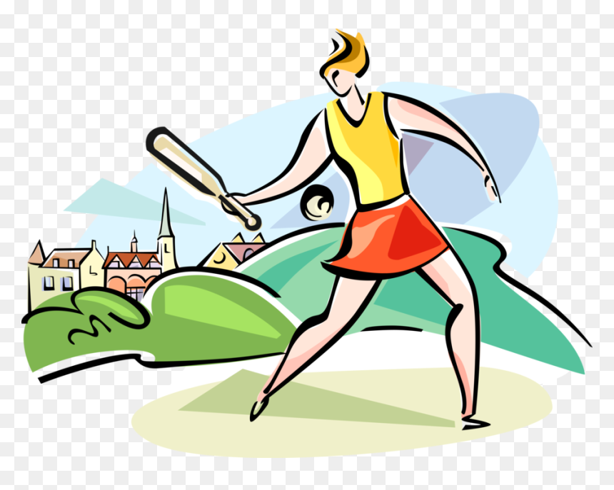 A stylized illustration of a female cricket player swinging a bat, with a village and green hills in the background.