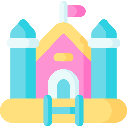 Colorful cartoon-style inflatable bounce house with pink central section, blue towers, and yellow base.