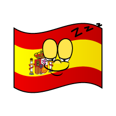 A cartoonish Spanish flag with a sleepy face and "Zzz" above, depicting humorously tired or relaxed national sentiment.