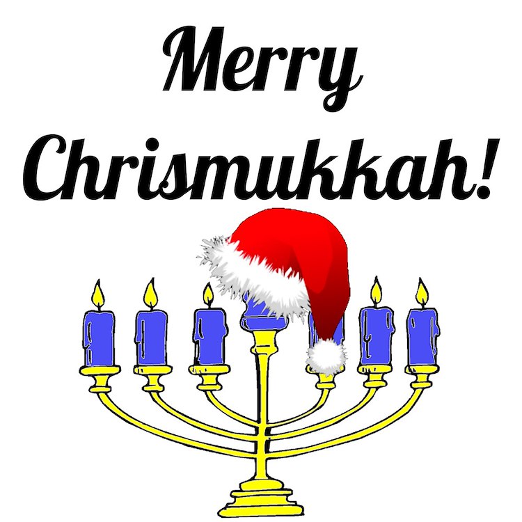 A yellow menorah with six lit blue candles and a red Santa hat on the center shamash candle, above "Merry Chrismukkah!" text.
