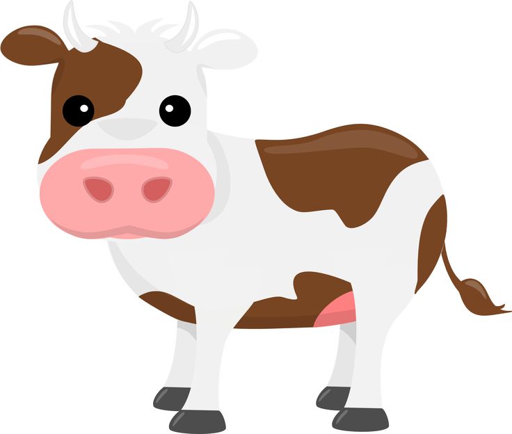 Cute cartoon brown-and-white cow with pink nose and black eyes, standing front-facing on white background.