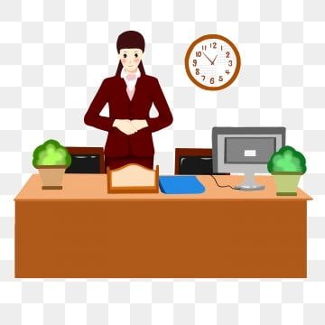 Professional woman in maroon suit standing behind a tidy office desk with computer, plants, and wall clock.