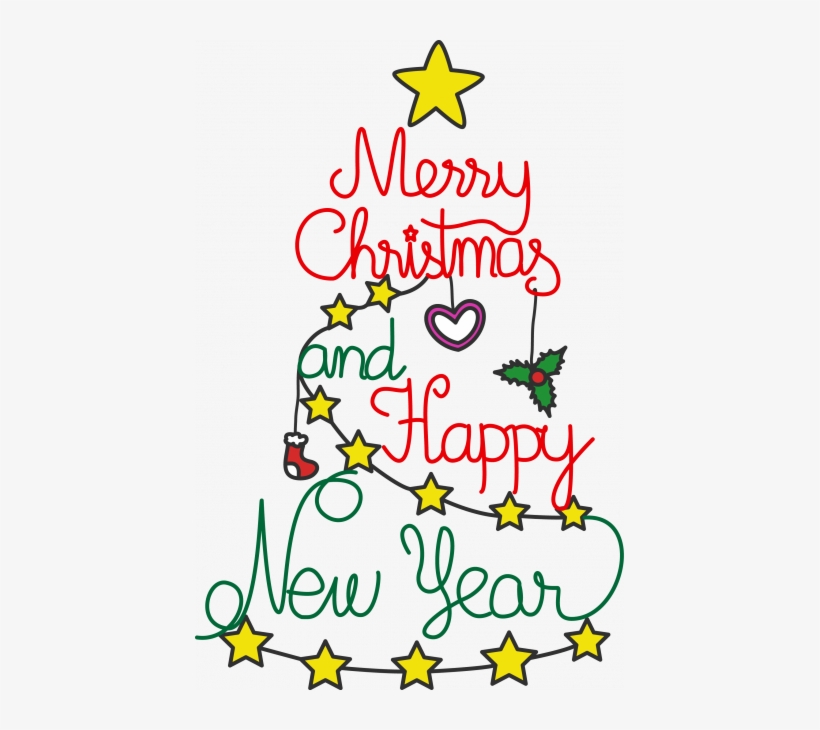 Hand-drawn Christmas tree made of festive text and decorations including stars, holly, heart, and stocking.