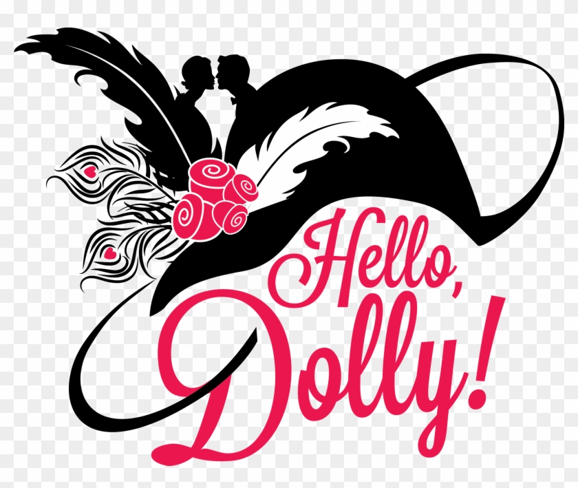 Silhouette of a couple kissing under a feathered hat with roses and "Hello, Dolly!" text in pink script.