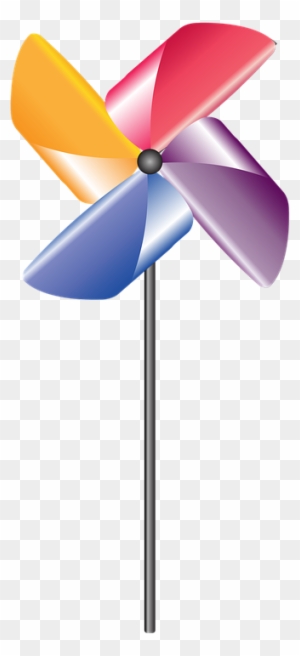 Colorful four-blade pinwheel with orange, pink, blue, and purple blades on a metal stick against transparent background.