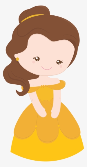 Chibi-style Belle from Disney's Beauty and the Beast in her iconic yellow gown, smiling with brown hair in a bun and gold accessories.