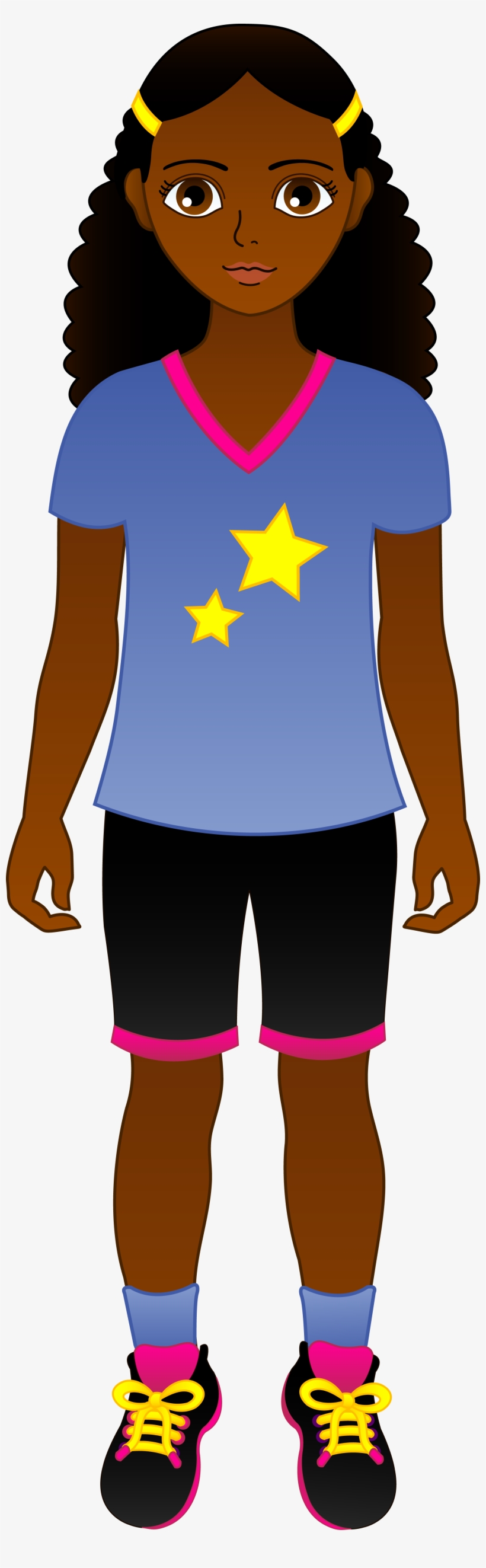 Young girl with curly hair wearing blue star-print shirt, black shorts, and colorful sneakers.