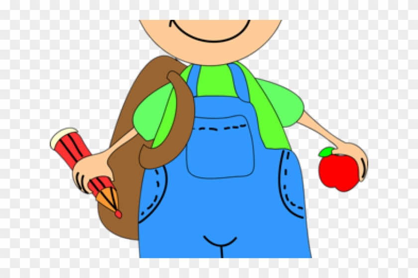 Cartoon child in blue overalls holding a red apple and pencil, with a brown backpack.