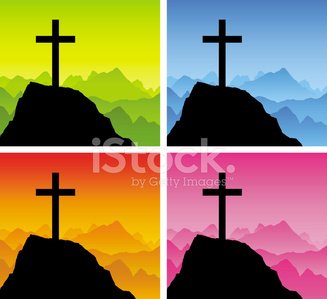 Four-panel illustration of a black cross on a mountain silhouette against colorful gradient skies (yellow, blue, orange, pink).
