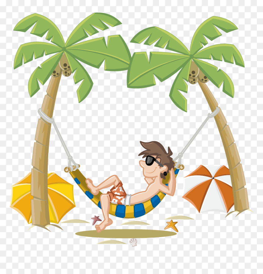 Man relaxing in a striped hammock between two palm trees on a tropical beach with umbrellas and starfish.