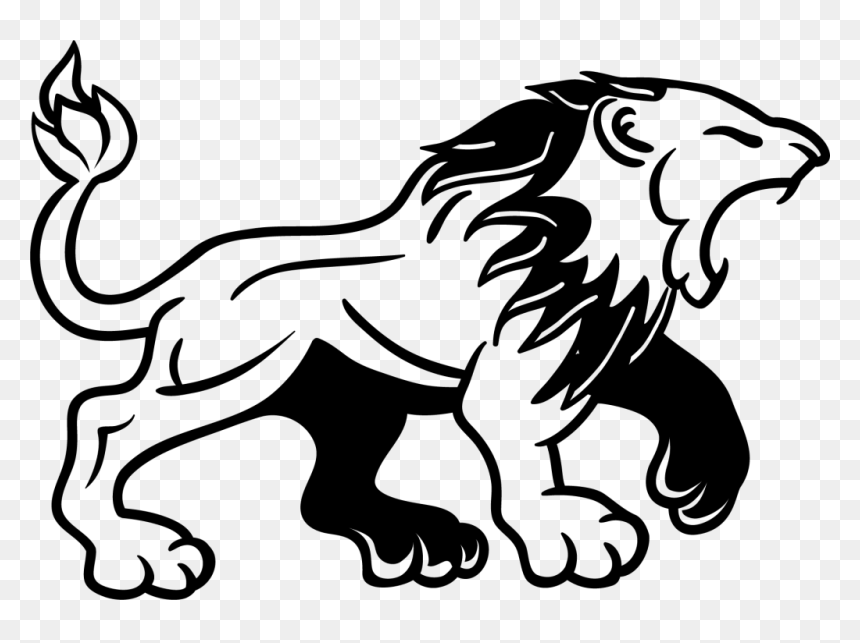 Black and white line-art illustration of a roaring lion in profile, walking left with raised tail and flowing mane.