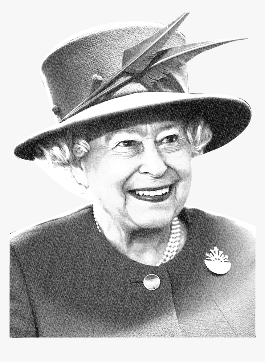 Queen Elizabeth II smiling, wearing a feathered hat and pearl necklace, in a formal black-and-white portrait.