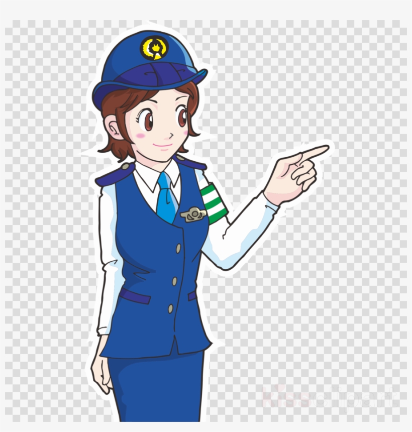 Animated female traffic officer in blue uniform pointing right, wearing helmet with emblem and green-striped armband.