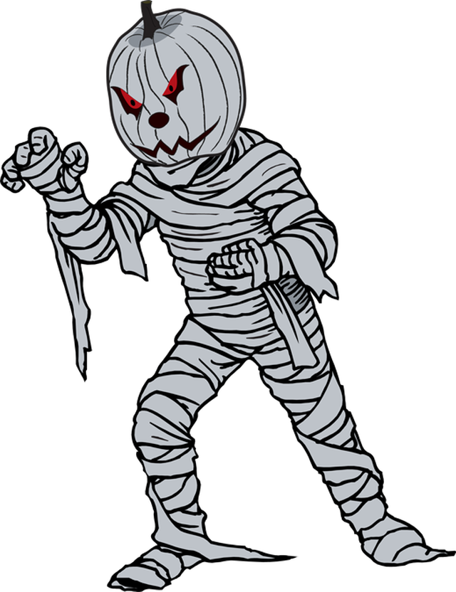 A cartoon mummy with a carved pumpkin head, glowing red eyes, and bandages, posed dynamically against a black background.