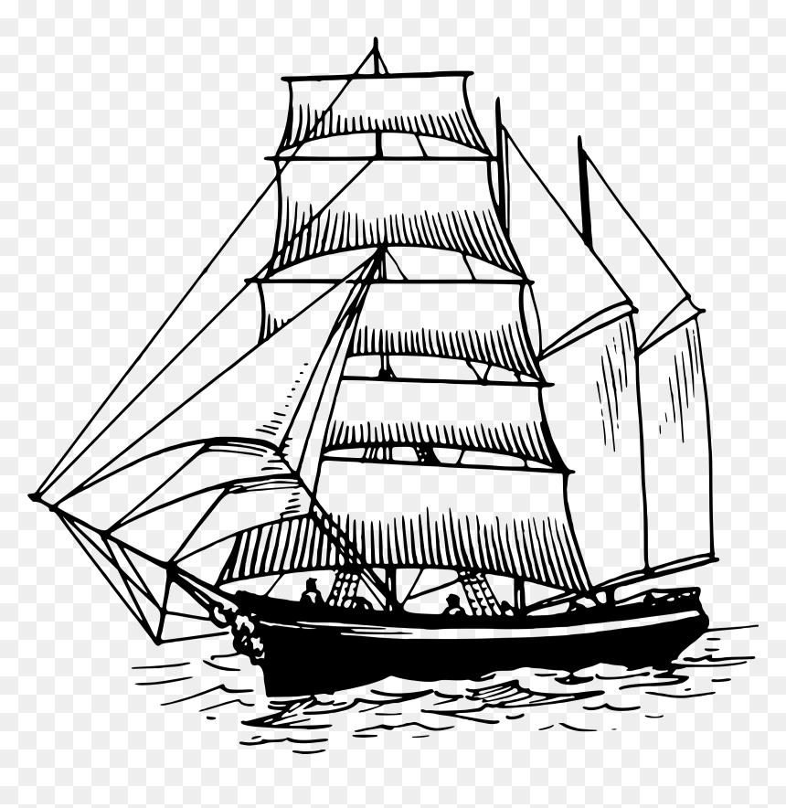 Black-and-white line drawing of a multi-masted sailing ship with full sails on choppy waters.