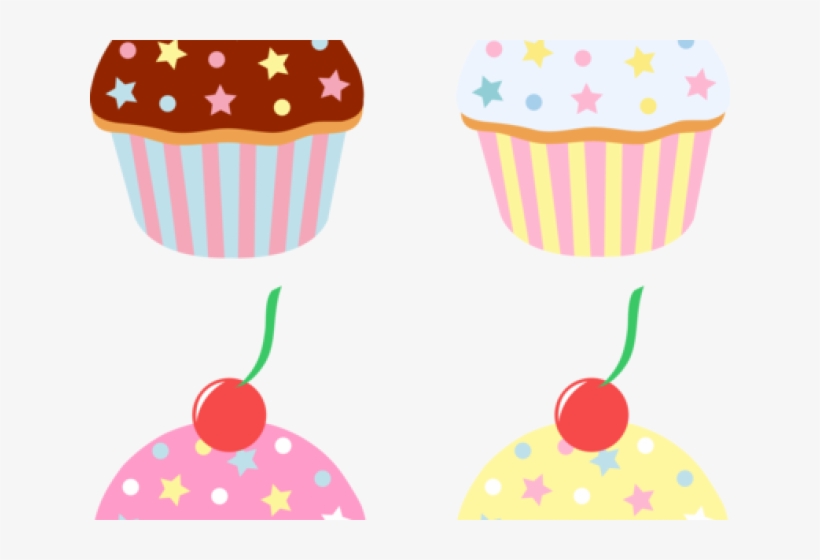 Four colorful cartoon cupcakes with striped liners, star sprinkles, and cherry toppings in pastel hues.