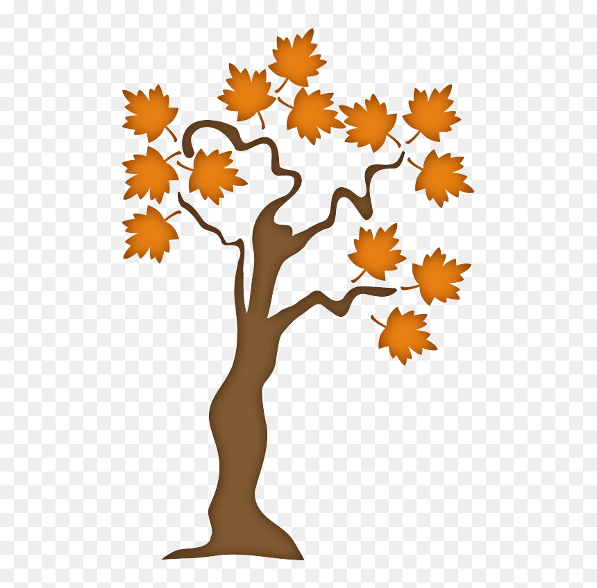 Stylized autumn tree with brown trunk and orange maple leaves on transparent background.