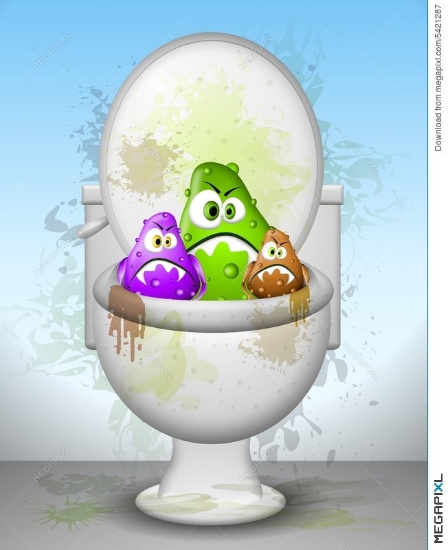 Three cartoon germs-purple, green, and brown-sit angrily inside a dirty toilet bowl with splashes and stains.