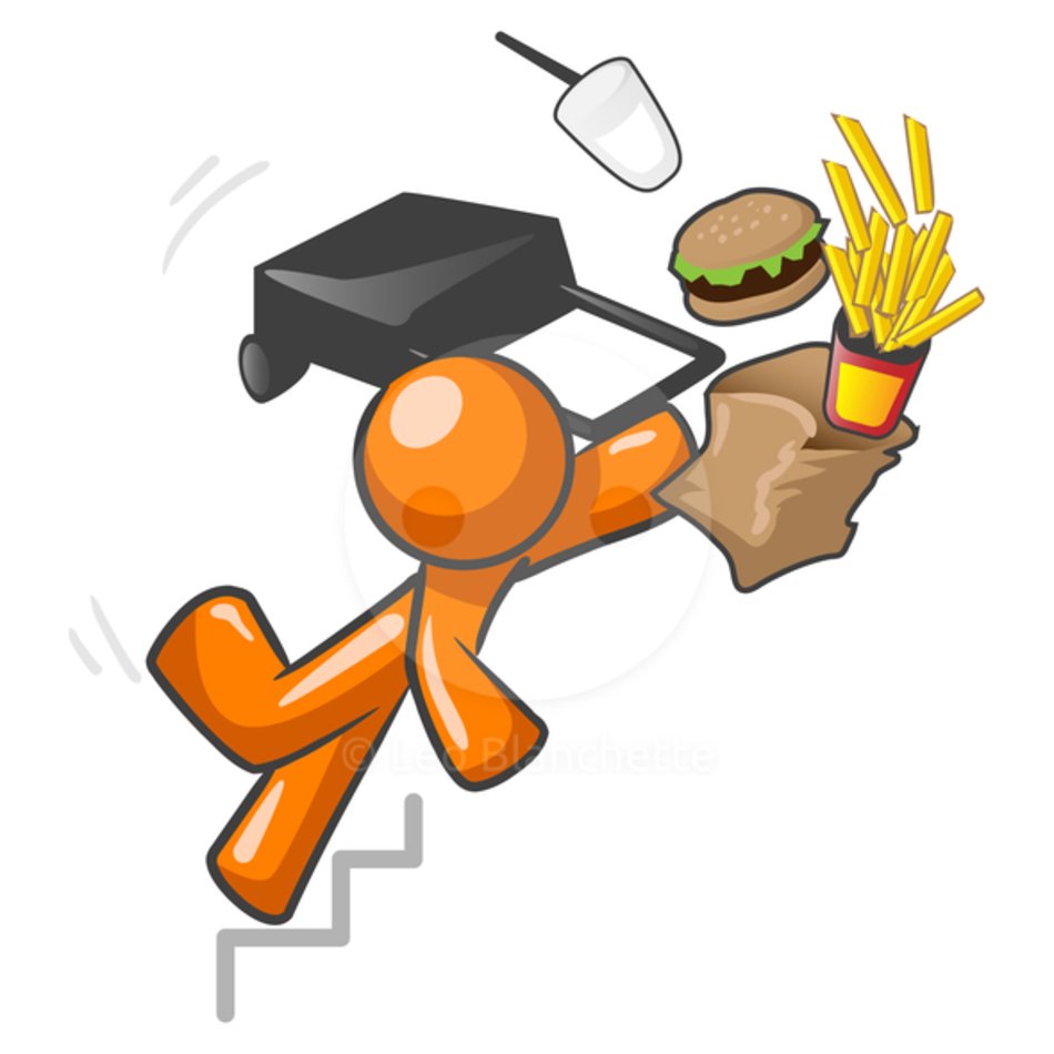 Orange stick figure tripping down stairs while holding fast food and a laptop, items flying mid-air.