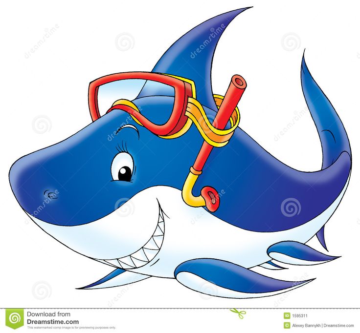 Friendly blue cartoon shark wearing red goggles and yellow snorkel, smiling with visible teeth.