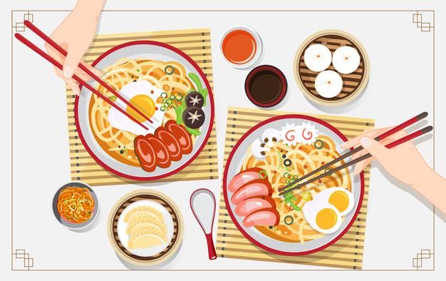 Two hands using chopsticks to enjoy steaming bowls of ramen with egg, chashu, mushrooms, and garnishes, surrounded by dim sum and sauces.