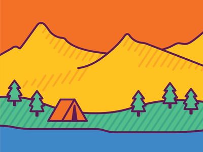 Orange tent pitched on green hill beside blue lake with pine trees and yellow mountains under orange sky.