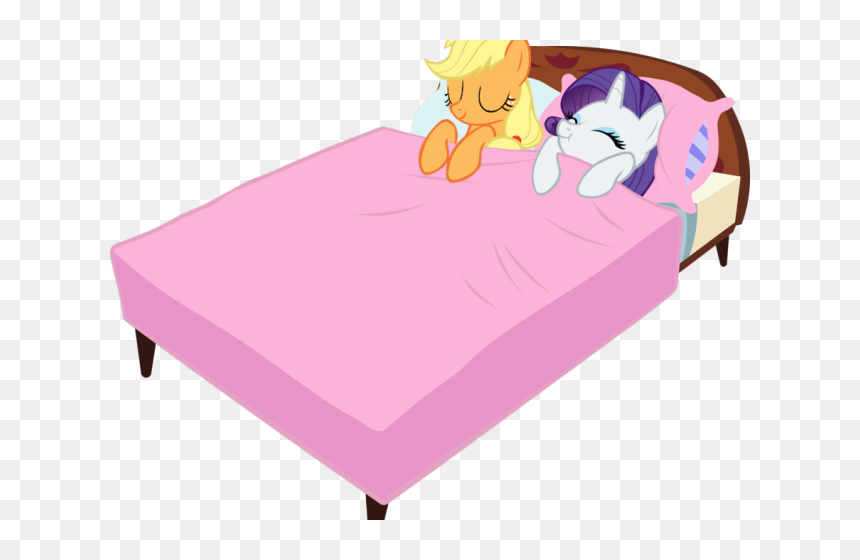 Applejack and Rarity sleeping peacefully together in a pink bed, cartoon-style illustration.