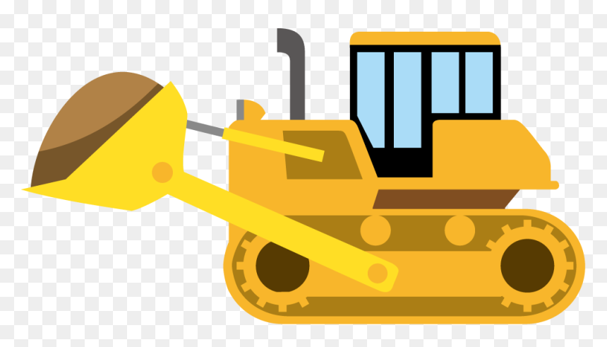 Yellow cartoon-style bulldozer with front loader carrying dirt, on transparent background.