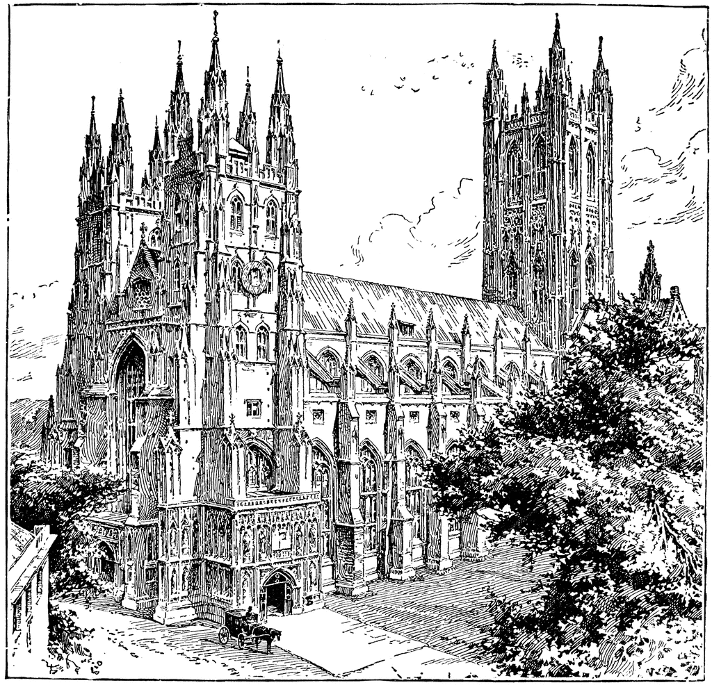 Gothic cathedral with twin spires, intricate tracery, flying buttresses, and a horse-drawn carriage in foreground.