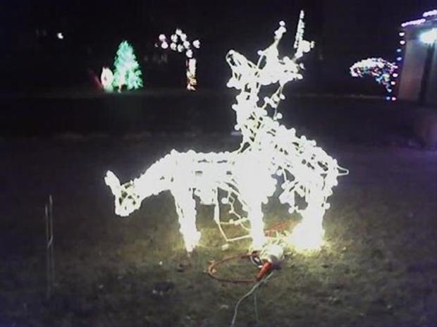 A glowing white wireframe reindeer light sculpture displayed outdoors at night, with other holiday lights in the background.
