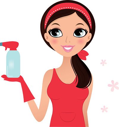Smiling woman in red outfit holding a spray bottle, ready for cleaning.