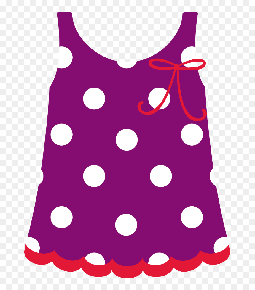 Purple polka-dot sleeveless dress with red bow and scalloped hem.