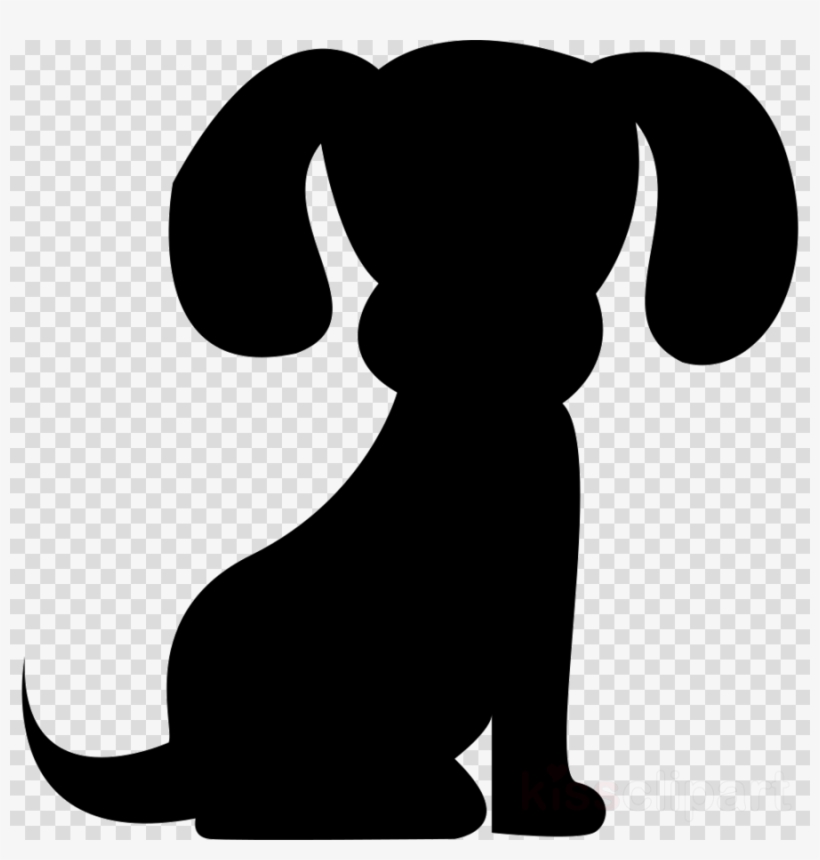 Black silhouette of a sitting dog with floppy ears and curled tail on transparent background.