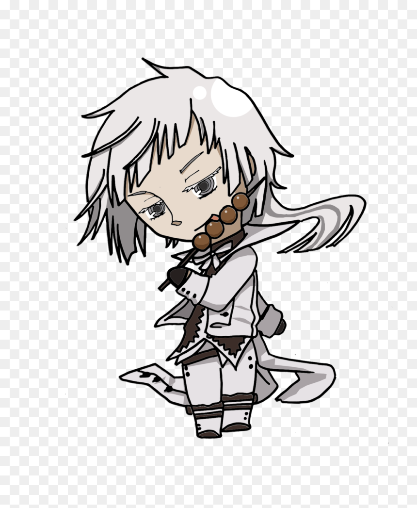 Chibi-style anime character with white hair, gray eyes, and a beaded necklace, wearing a white and brown outfit with a tail.