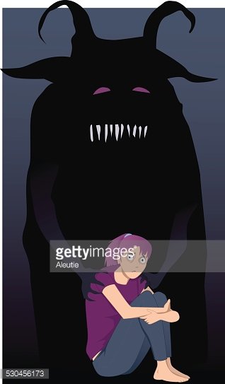 A frightened girl crouches in front of a towering, horned shadow monster with sharp teeth and glowing eyes.