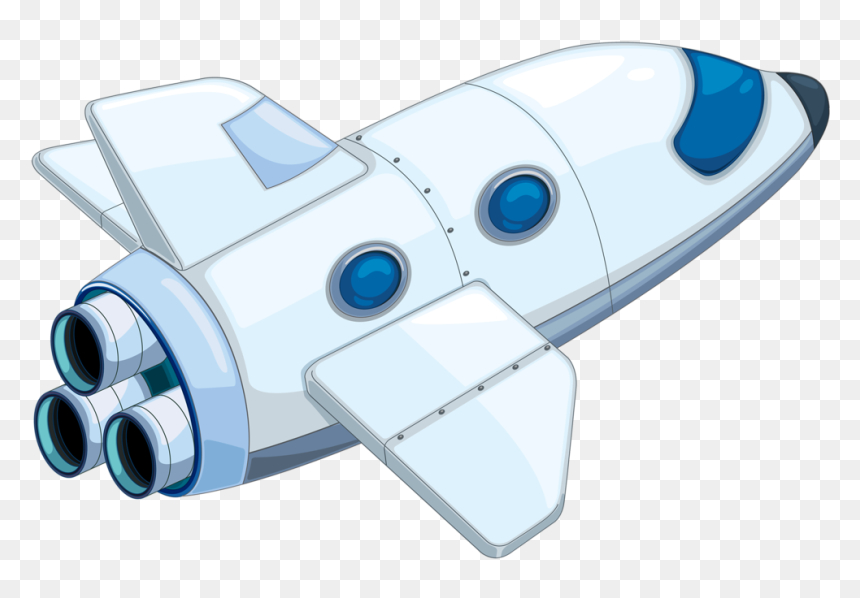 A cartoon-style white and blue rocket ship with three engines and circular windows, angled diagonally on transparent background.