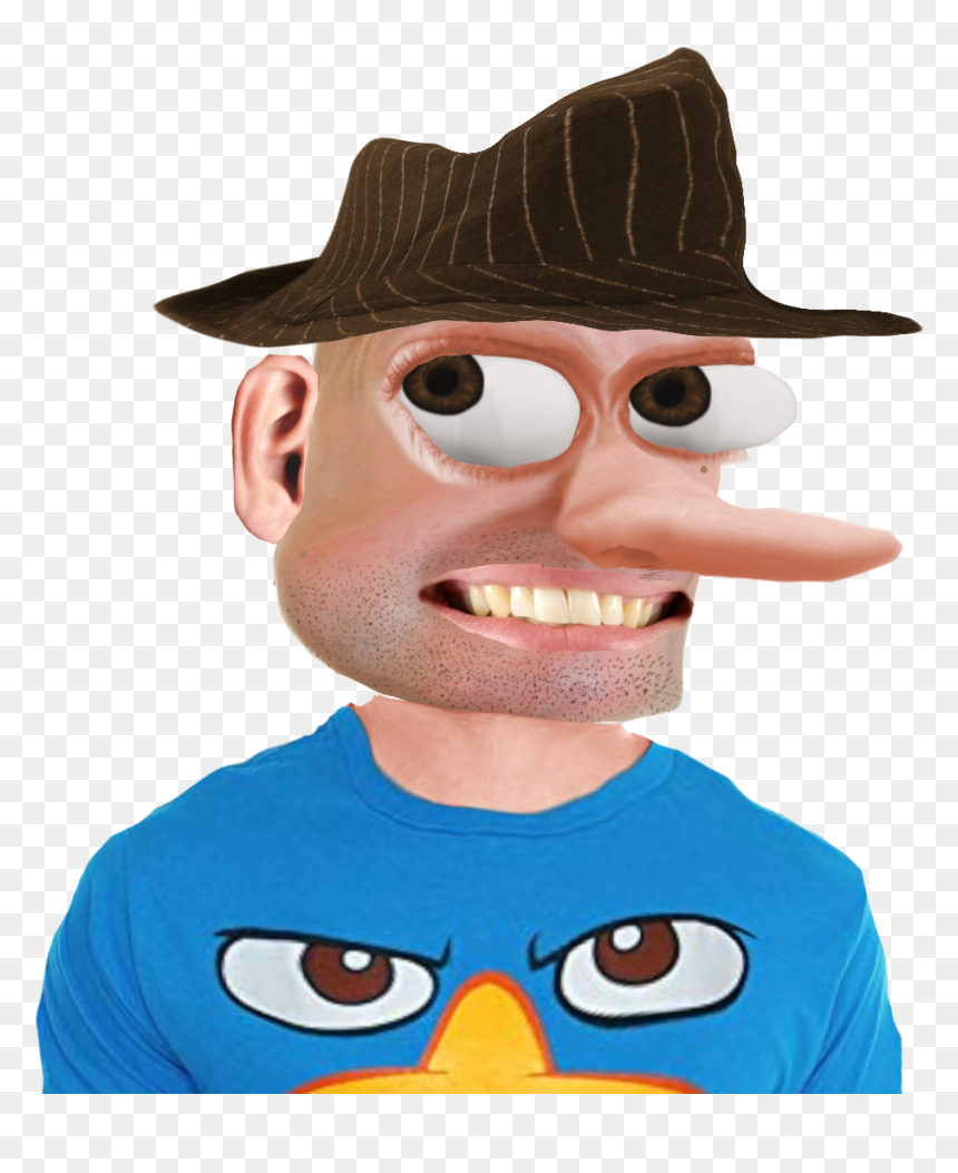 Cartoon-style man with exaggerated long nose, wide eyes, brown fedora, and blue shirt featuring angry bird face.