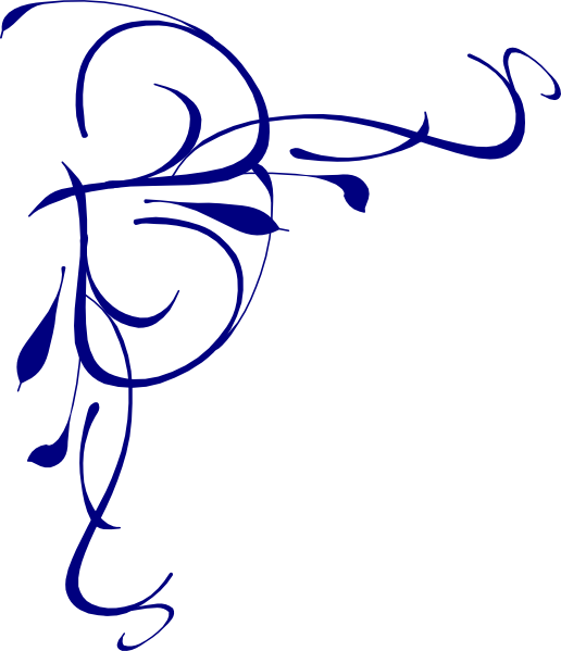 Elegant blue ornamental flourish with swirling vines and leaf motifs on white background.
