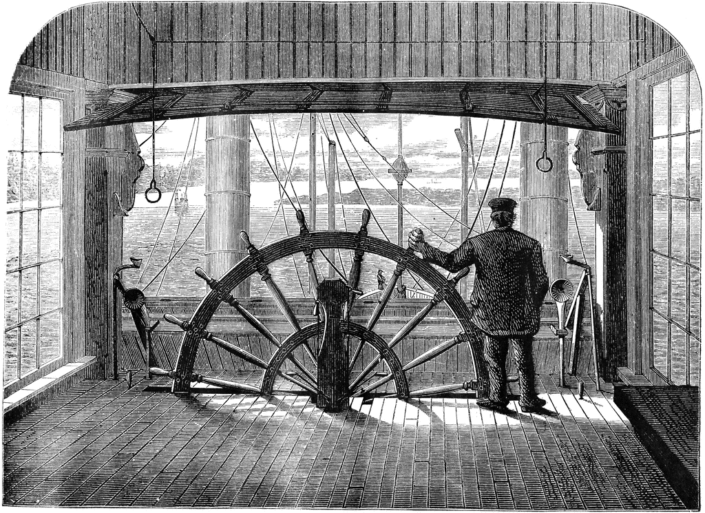 A 19th-century ship’s helmsman stands at a large wooden steering wheel on the bridge, with rigging and sea visible through windows.