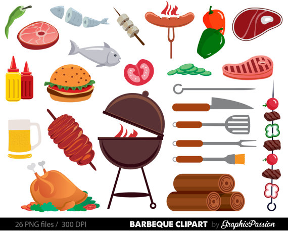 Barbecue clipart set featuring grilled meats, vegetables, tools, condiments, and beverages on white background.
