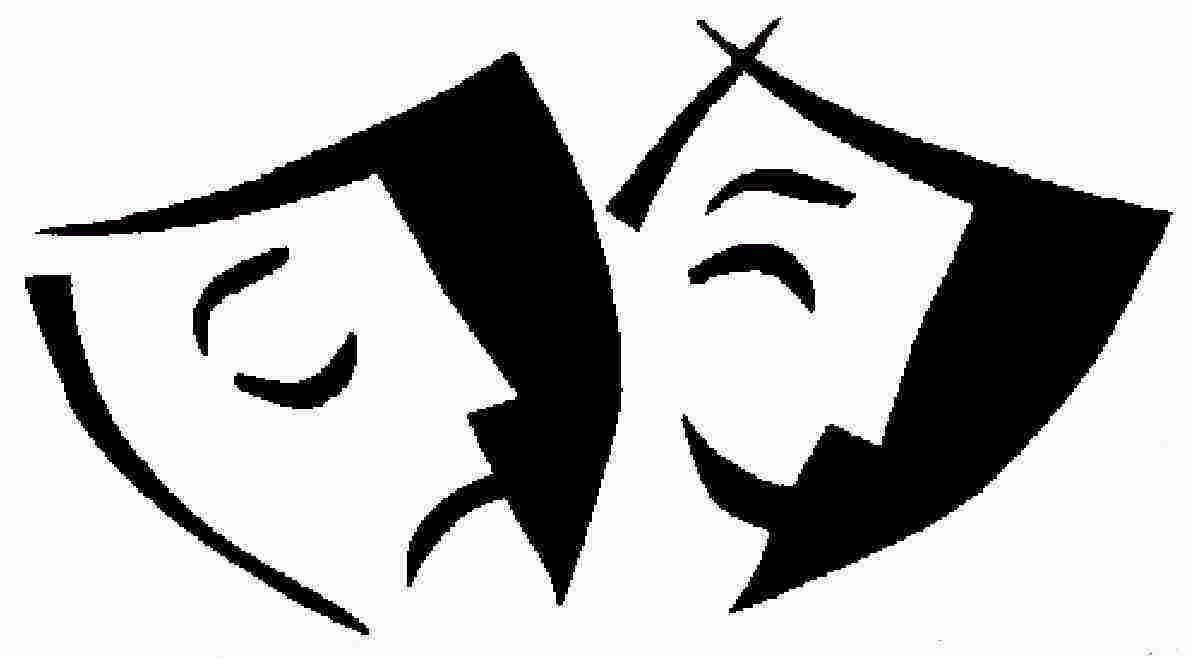 Classic black-and-white theatrical masks representing tragedy (left, downturned mouth) and comedy (right, upturned mouth).