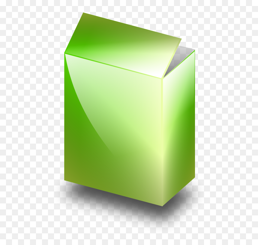 A glossy green open cardboard box icon with gradient shading and a transparent checkered background.