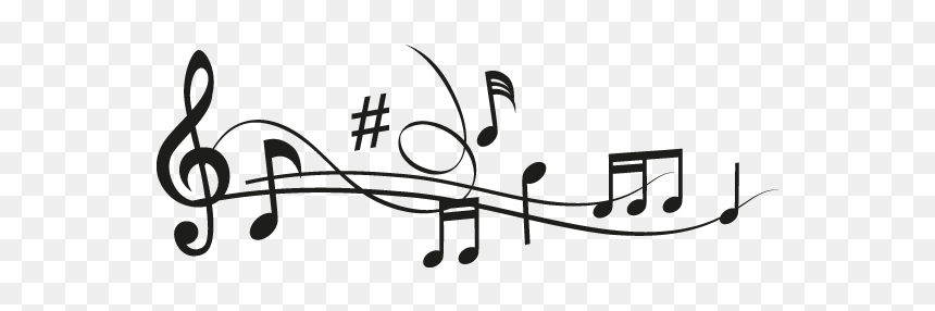 Decorative musical notation with treble clef, sharp symbol, and flowing notes on transparent background.