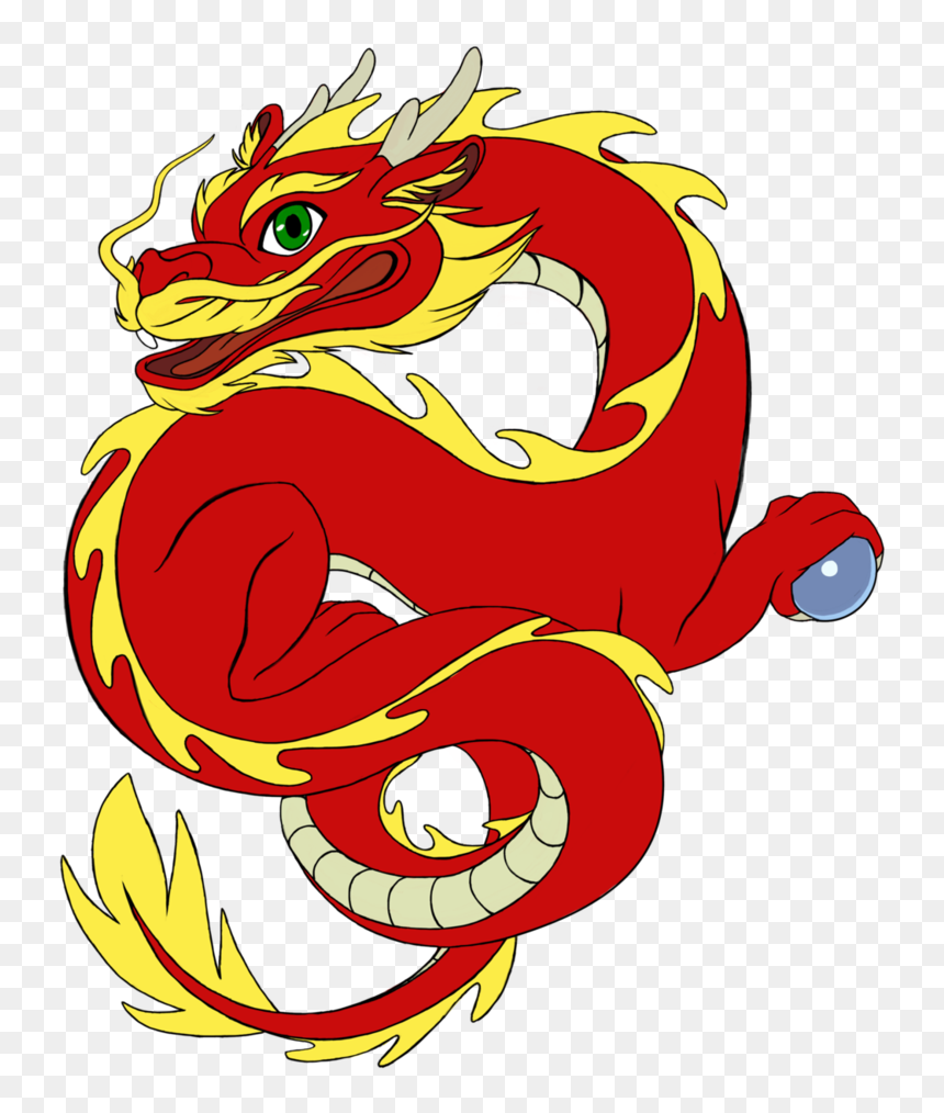 Vibrant red Chinese dragon with yellow flames, green eyes, and a blue pearl in its claw, coiled dynamically against transparent background.