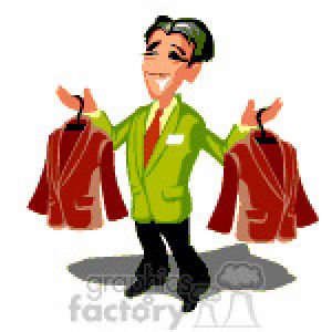 Smiling man in green suit holding two red blazers on hangers, cartoon style.