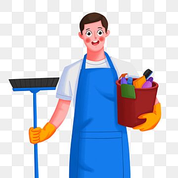 Cheerful cleaner in blue apron holding broom and bucket of supplies, ready for housekeeping tasks.