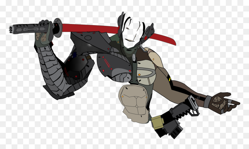 Cybernetic samurai warrior in tactical armor wielding a red-bladed katana and sidearm, mid-action pose.
