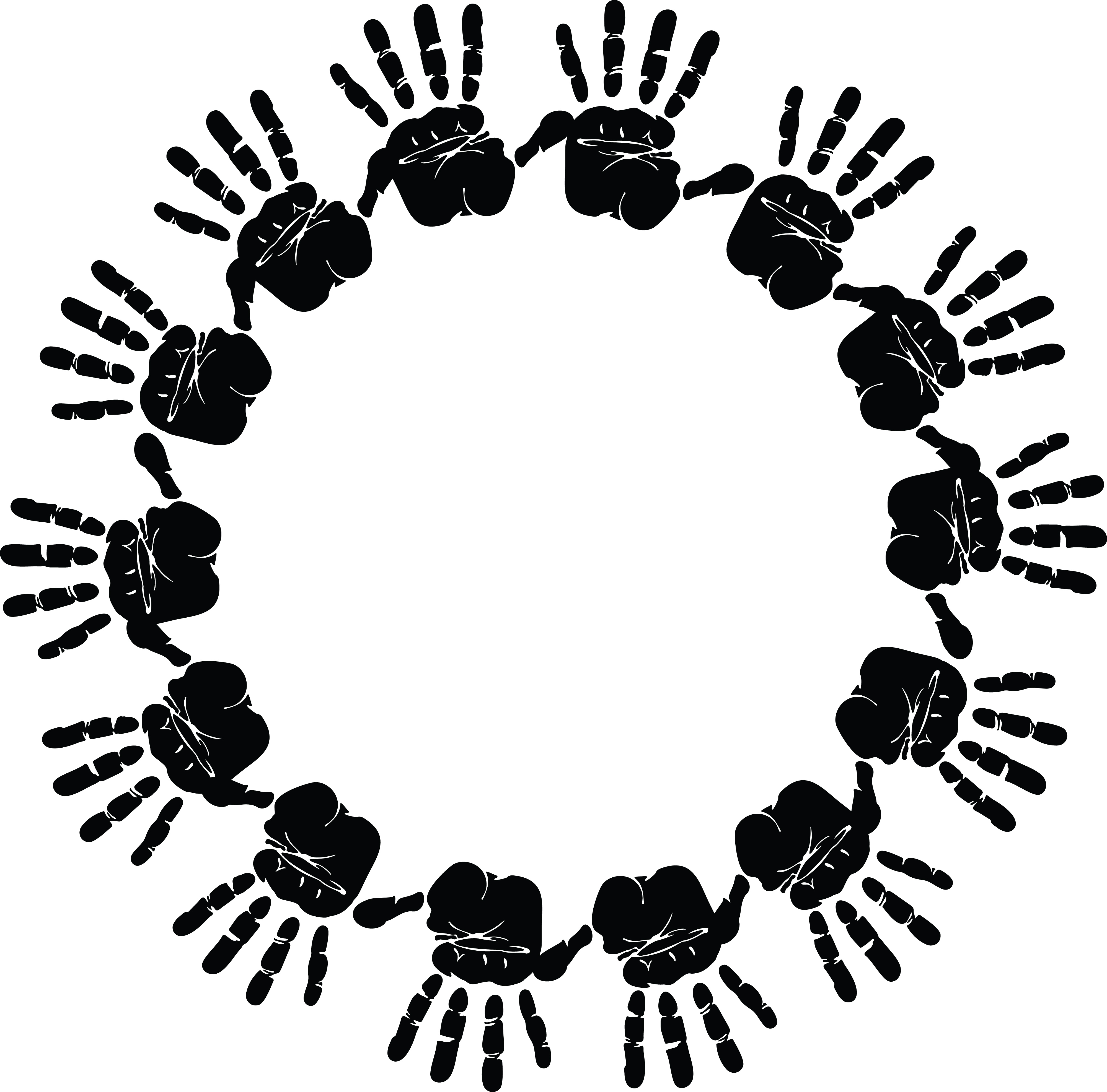 Circular arrangement of black handprints forming a ring on white background, symbolizing unity or community.
