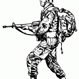 Black-and-white line drawing of a soldier in camouflage, carrying a rifle and backpack, marching forward.